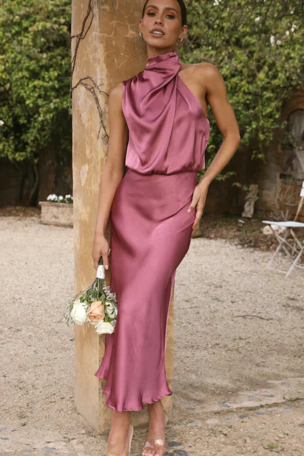 Amelia | Women's Satin Halter Neck Midi Dress