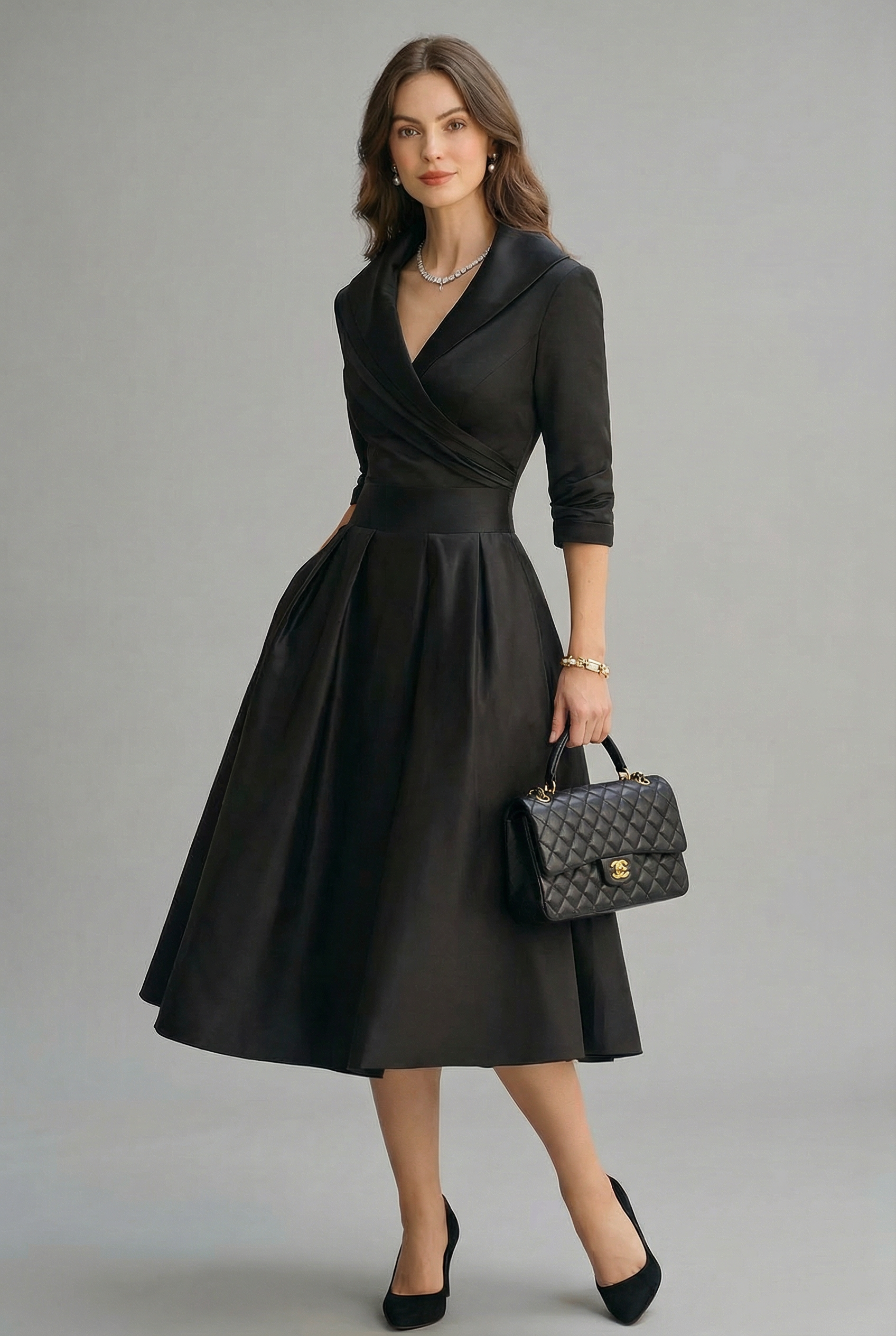 Grace | Women's Elegant Wrap Midi Dress Flared Skirt