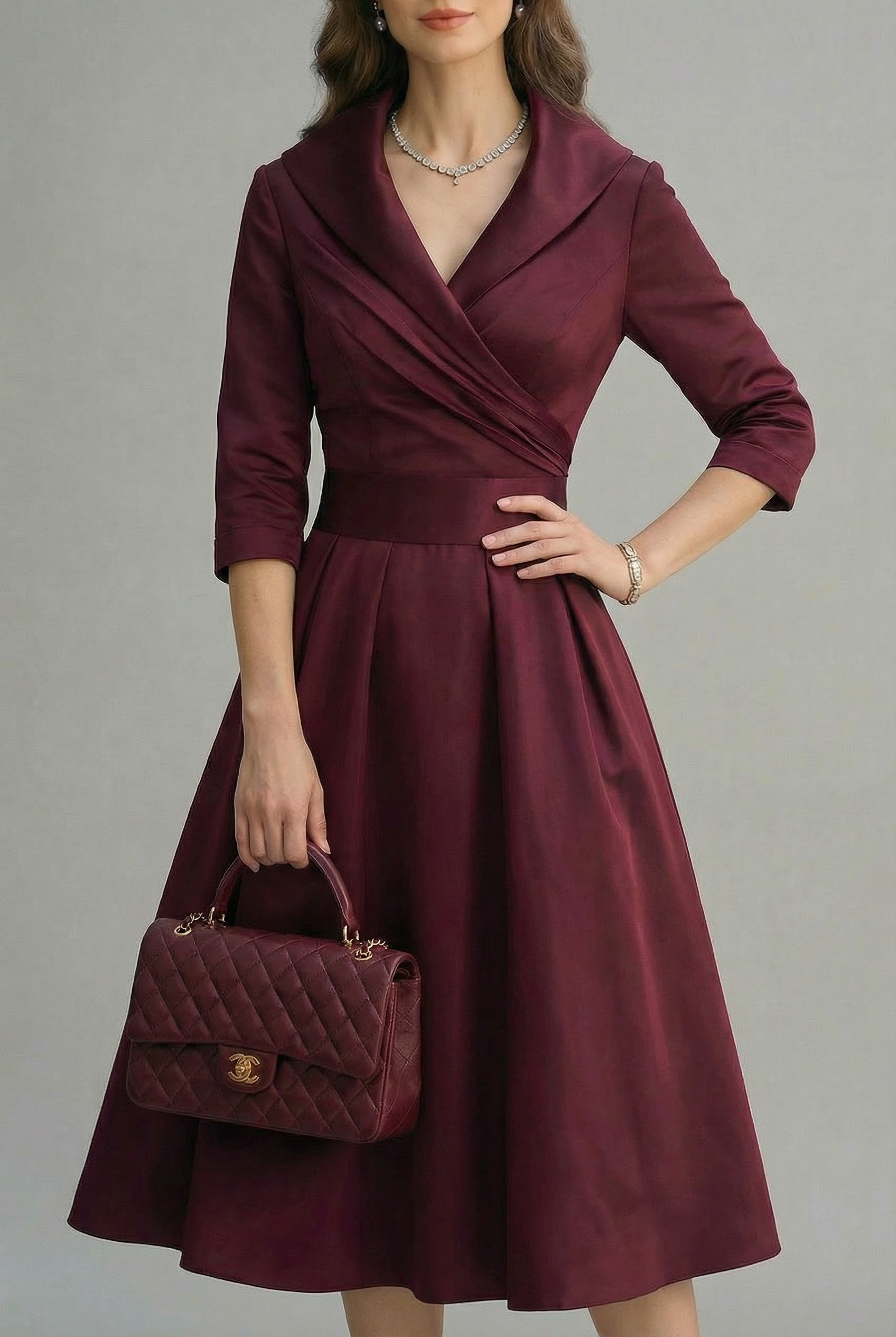 Grace | Women's Elegant Wrap Midi Dress Flared Skirt