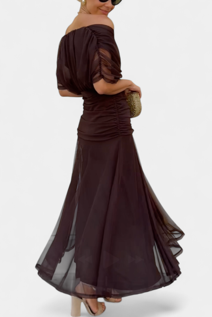 Women's Off-Shoulder Maxi Dress Ruched Bodice Flowing Skirt Evening Cocktail