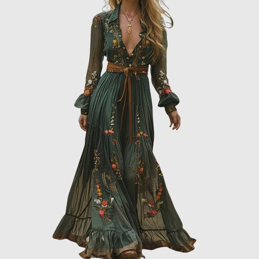 Alina | Women's Boho Floral Maxi Dress with Sheer Sleeves