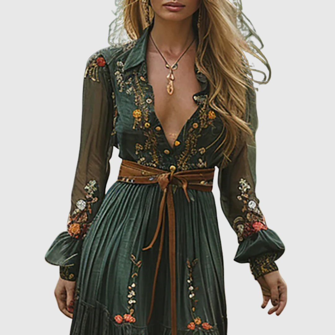 Alina | Women's Boho Floral Maxi Dress with Sheer Sleeves