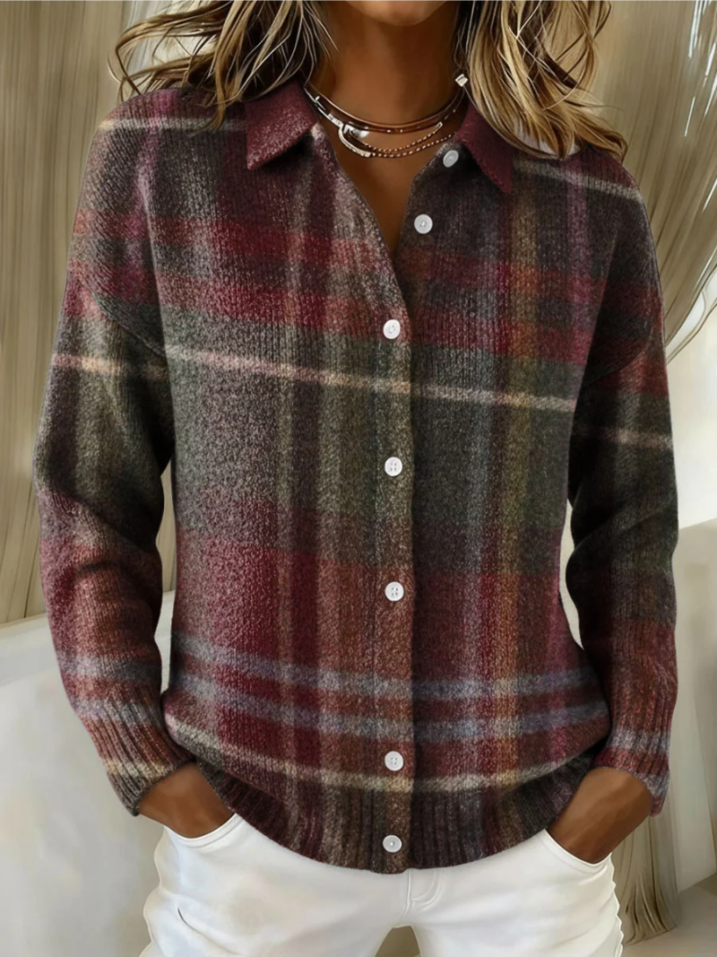 Emma | Women's Checked Knit Blouse in Warm Tones