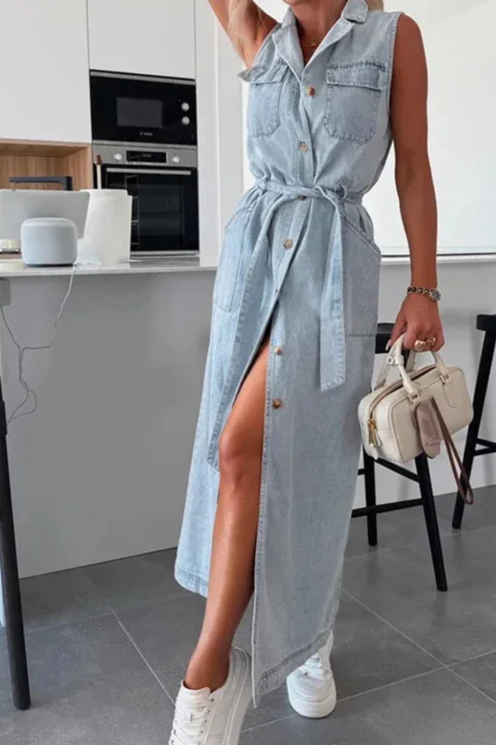 Giselle | Women's Sleeveless Belted Denim Maxi Dress