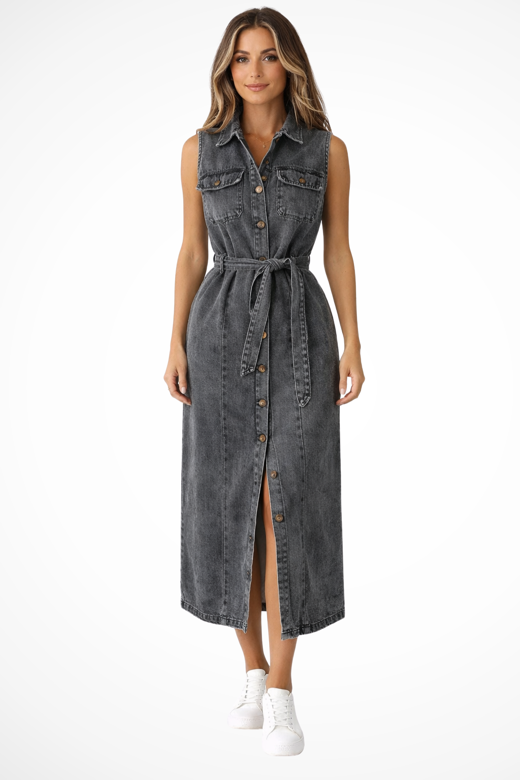 Giselle | Women's Sleeveless Belted Denim Maxi Dress