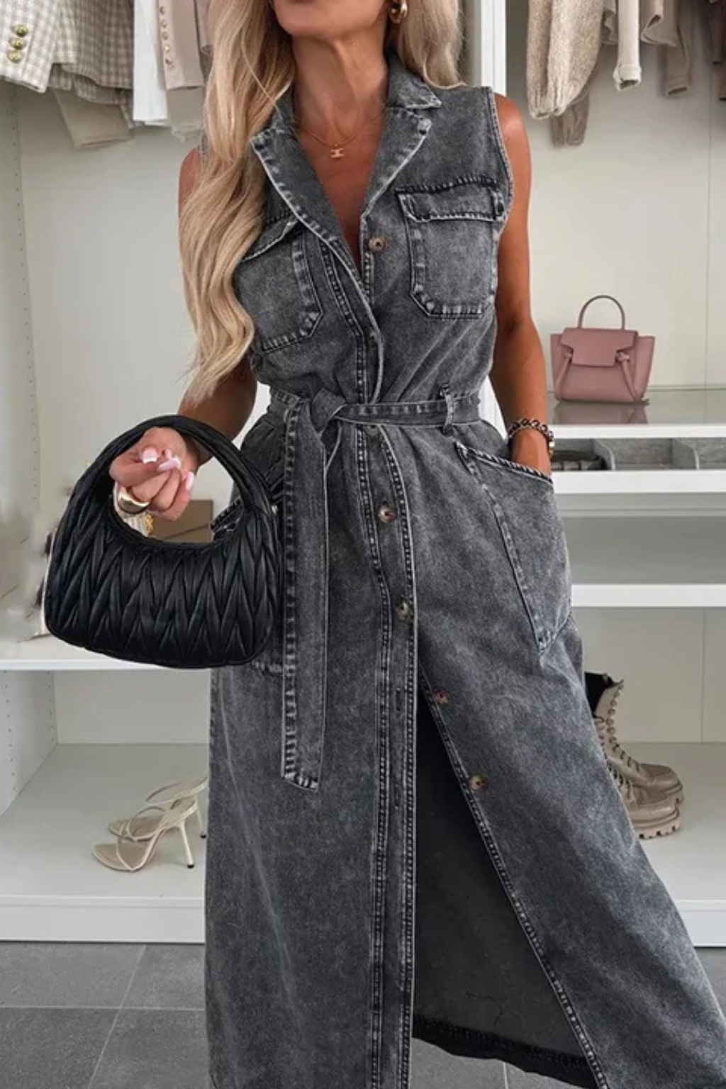 Giselle | Women's Sleeveless Belted Denim Maxi Dress