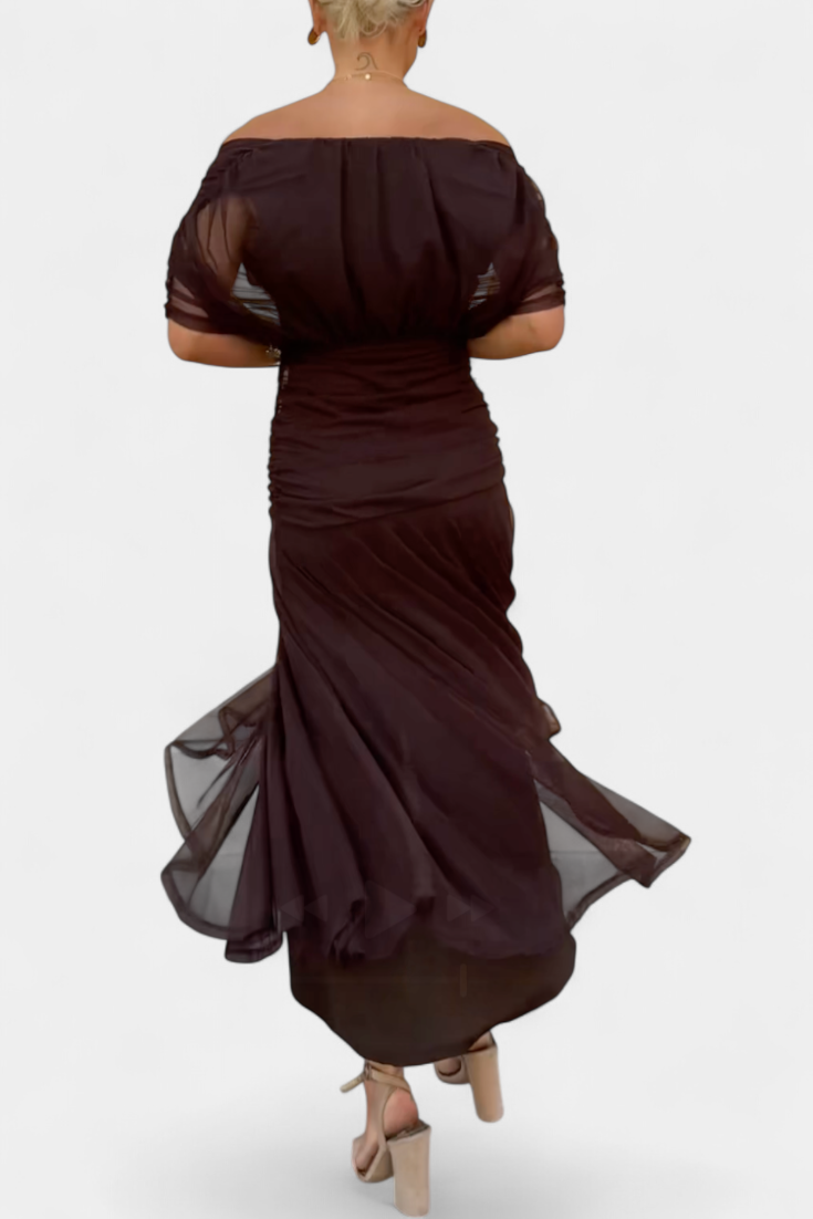 Women's Off-Shoulder Maxi Dress Ruched Bodice Flowing Skirt Evening Cocktail