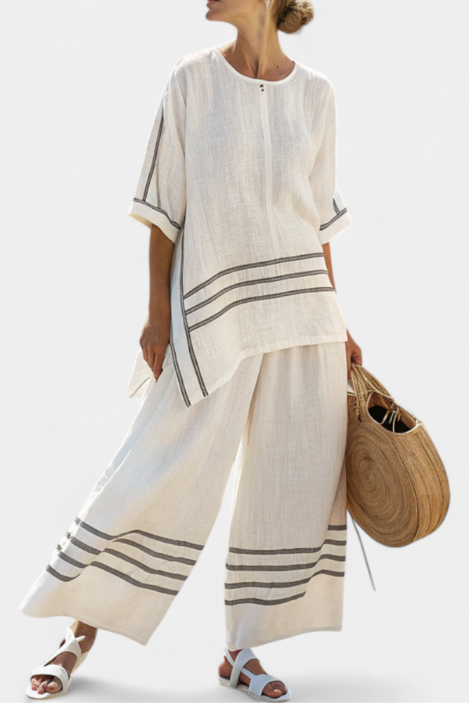 Wendy | Women's Striped Asymmetrical Top & Wide-Leg Pants