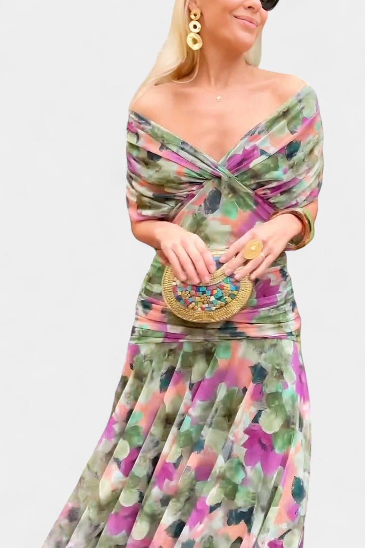 Women's Off-Shoulder Maxi Dress Ruched Bodice Flowing Skirt Evening Cocktail